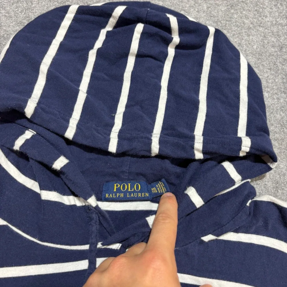 Polo Ralph Lauren Men XXL Hooded T-Shirt Navy Green Striped Jersey Hoodie